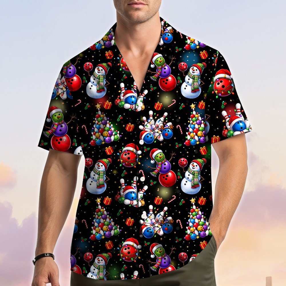 Second lifestyle view of the Christmas bowling Hawaiian shirt in a casual setting