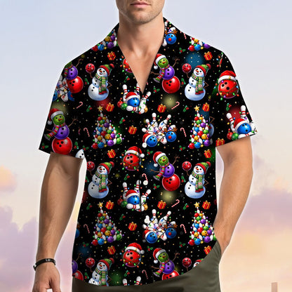 Second lifestyle view of the Christmas bowling Hawaiian shirt in a casual setting