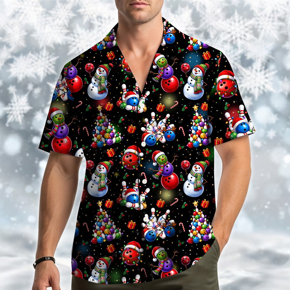 Lifestyle view of someone wearing the Christmas bowling Hawaiian shirt