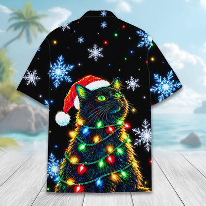 Matching family hawaiian shirts with festive feline and colorful lights, alternate back view 1