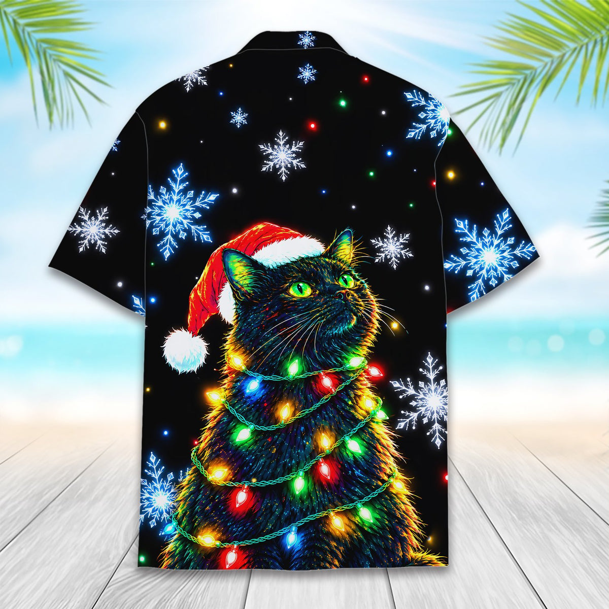Matching family hawaiian shirts with festive feline and colorful lights, alternate back view 2
