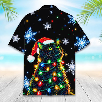 Matching family hawaiian shirts with festive feline and colorful lights, alternate back view 2