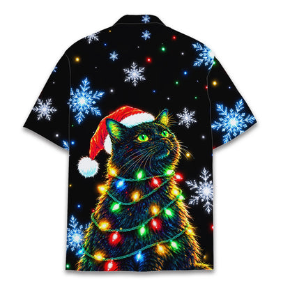 Matching family hawaiian shirts with festive feline and colorful lights, back view