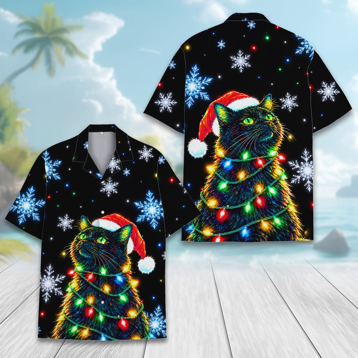 Matching family hawaiian shirts with festive feline and colorful lights, alternate front view 1