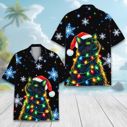 Matching family hawaiian shirts with festive feline and colorful lights, alternate front view 1