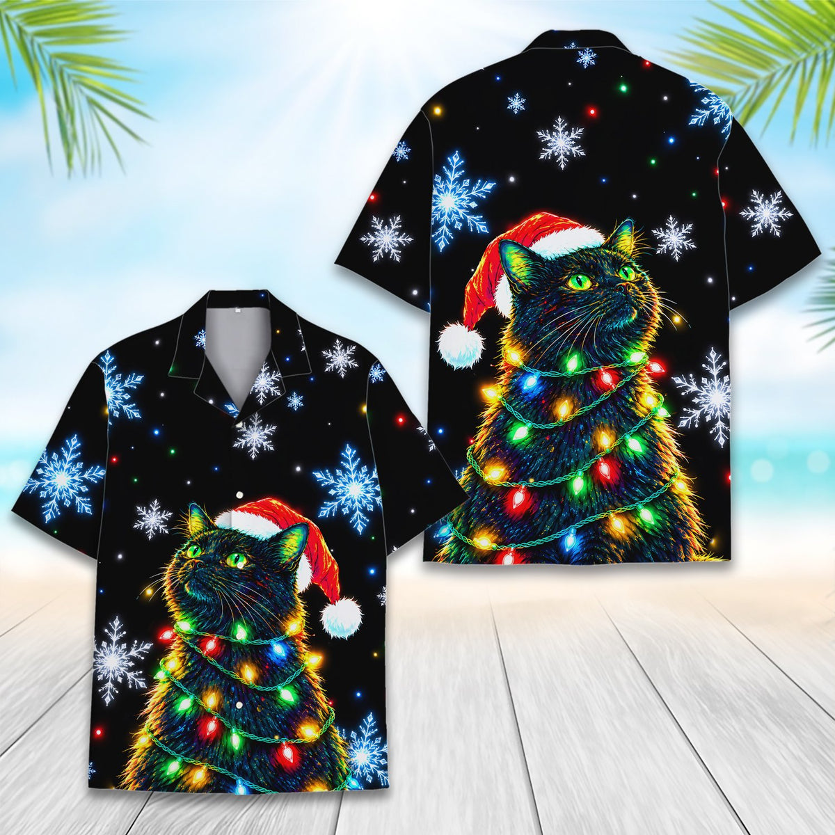 Matching family hawaiian shirts with festive feline and colorful lights, alternate front view 2