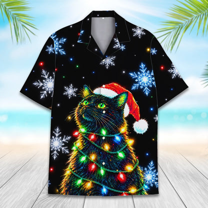 Matching family hawaiian shirts with festive feline and colorful lights, alternate front view 3