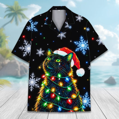 Matching family hawaiian shirts with festive feline and colorful lights, front view