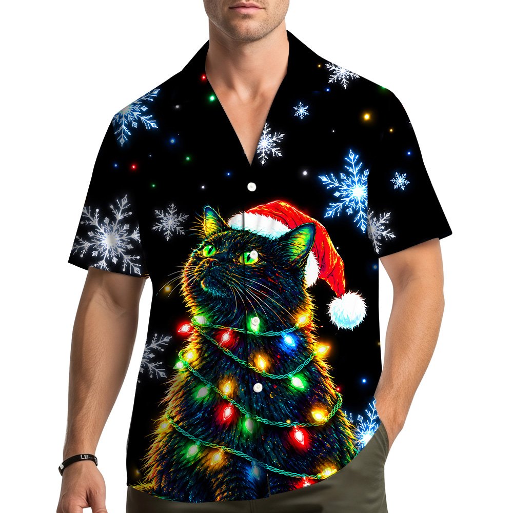 Matching family hawaiian shirts with festive feline and colorful lights, lifestyle view
