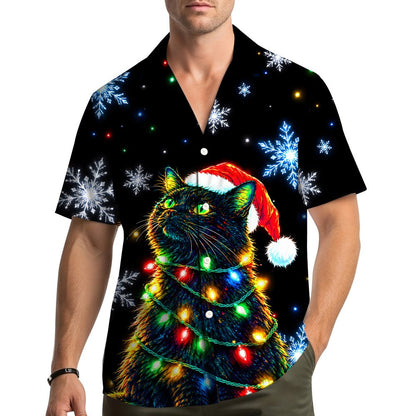 Matching family hawaiian shirts with festive feline and colorful lights, lifestyle view