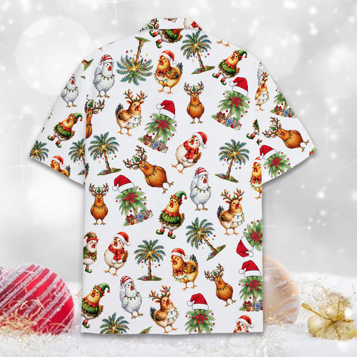 Close-up back view of the christmas chickens hawaiian shirt