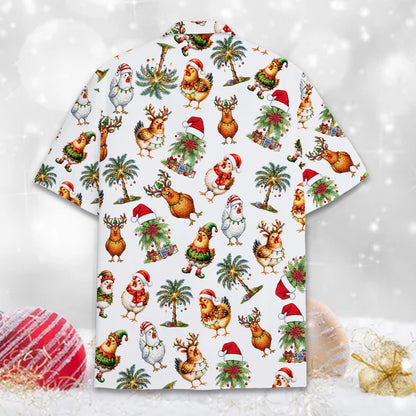 Close-up back view of the christmas chickens hawaiian shirt