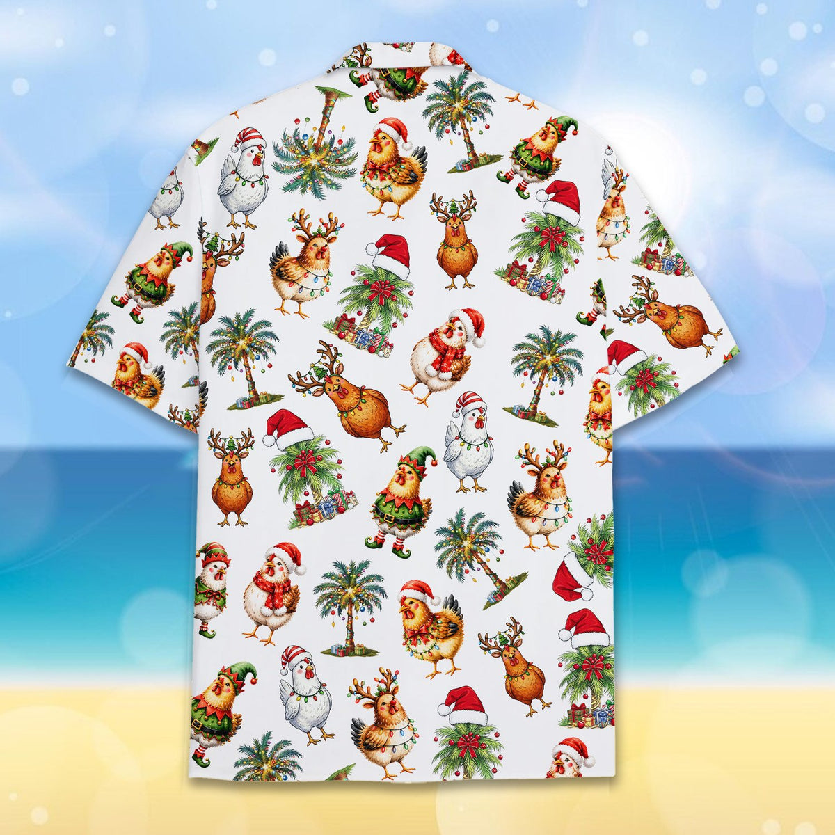 Detailed back view of the christmas chickens hawaiian shirt