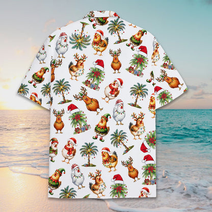 Back view of the christmas chickens hawaiian shirt in white