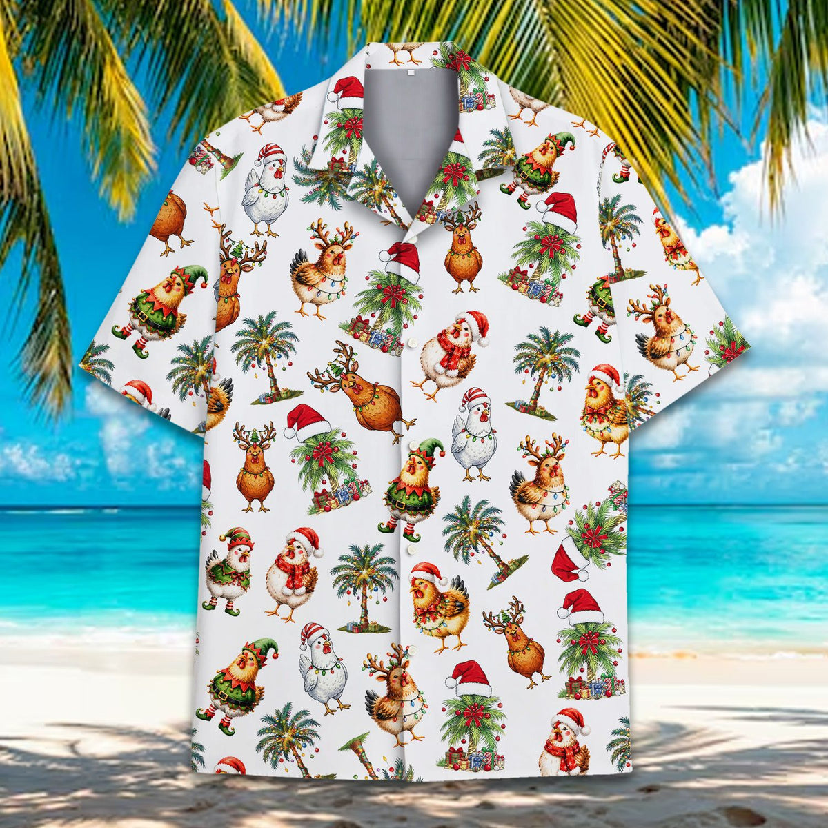 Close-up front view of the christmas chickens hawaiian shirt