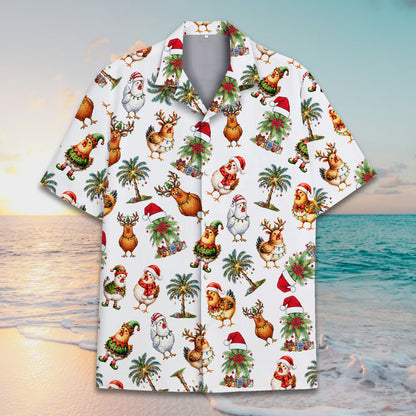 Matching family hawaiian shirts featuring christmas chickens print on white background, main view