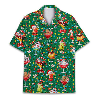 Front detail of the dark green holiday hawaiian shirt