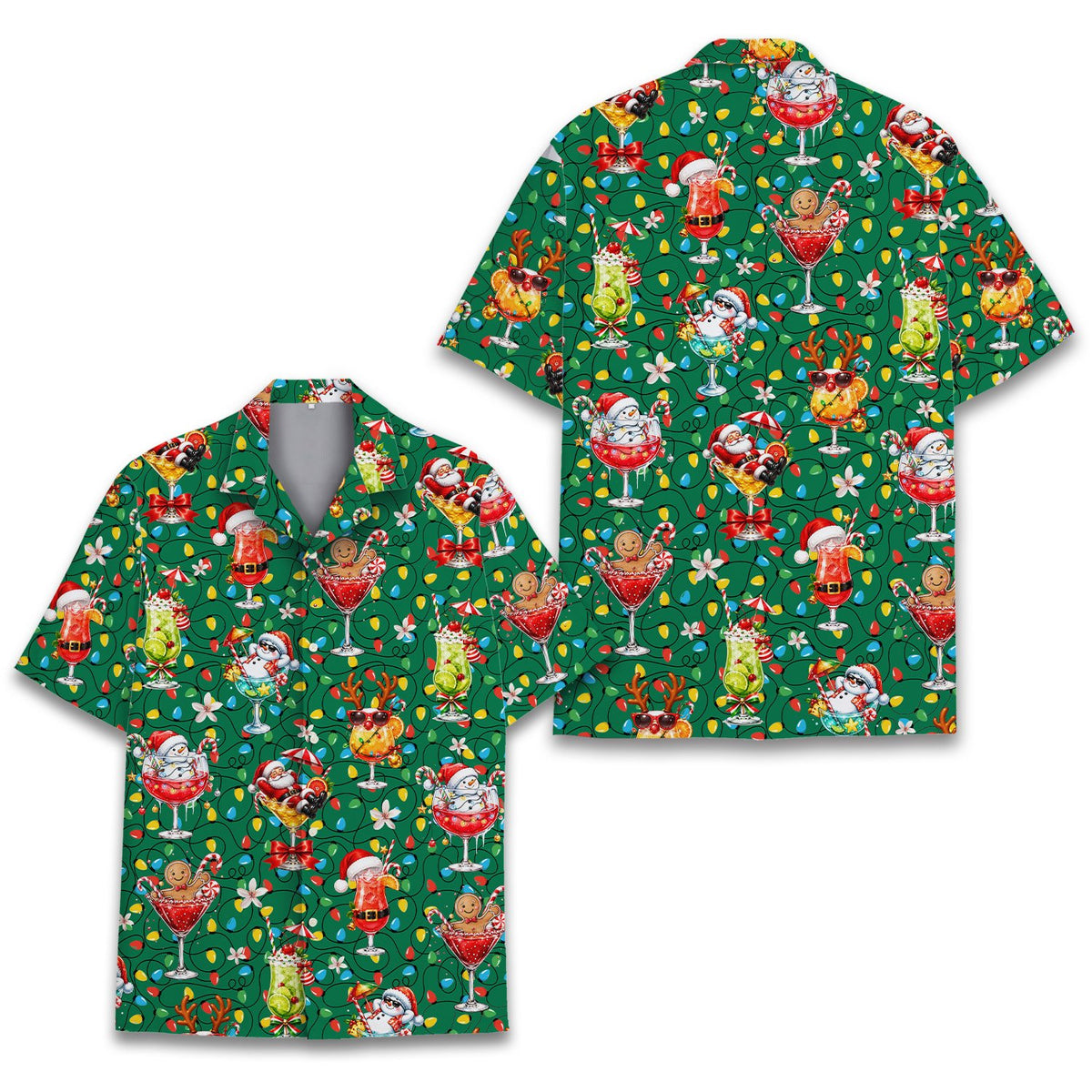 Another front view showing gingerbread men and snowmen on the hawaiian shirt