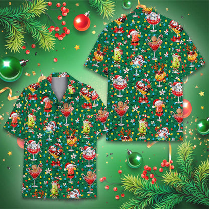 Front view of the button-down Christmas cocktails hawaiian shirt