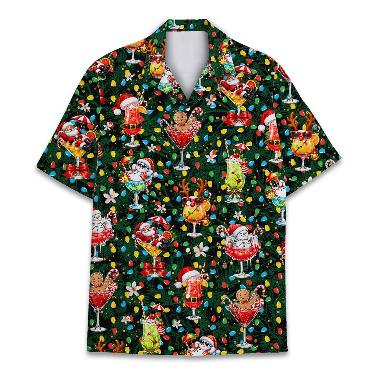 Christmas cocktails hawaiian shirt with festive drinks and Santa on dark green background