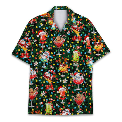 Christmas cocktails hawaiian shirt with festive drinks and Santa on dark green background