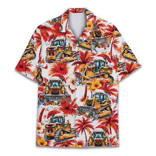 Main view of the christmas construction hawaiian shirt featuring a yellow bulldozer with holiday lights