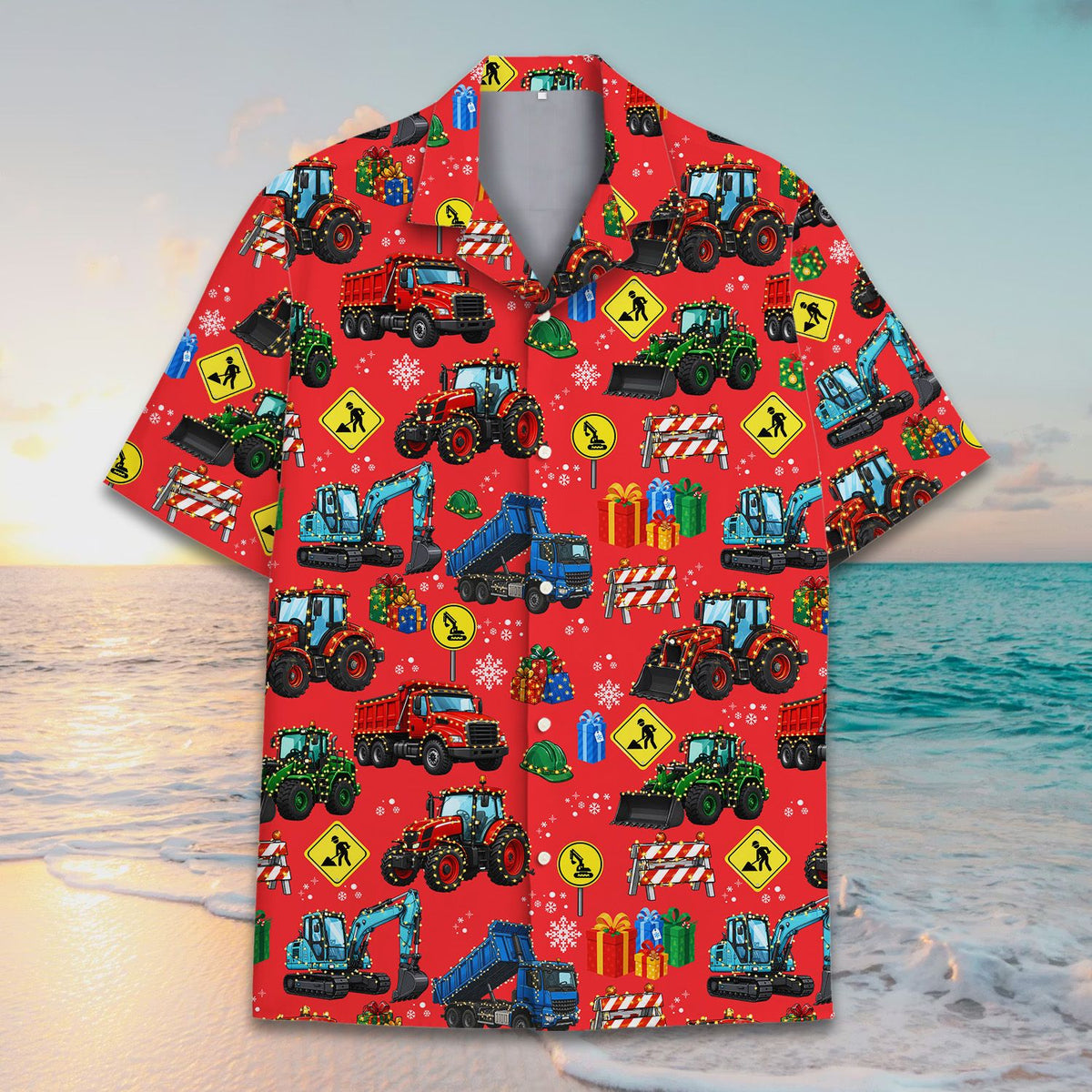 Red christmas construction vehicles hawaiian shirt back detail 2