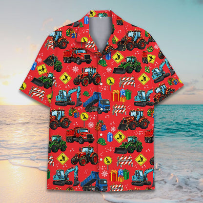Red christmas construction vehicles hawaiian shirt back detail 2