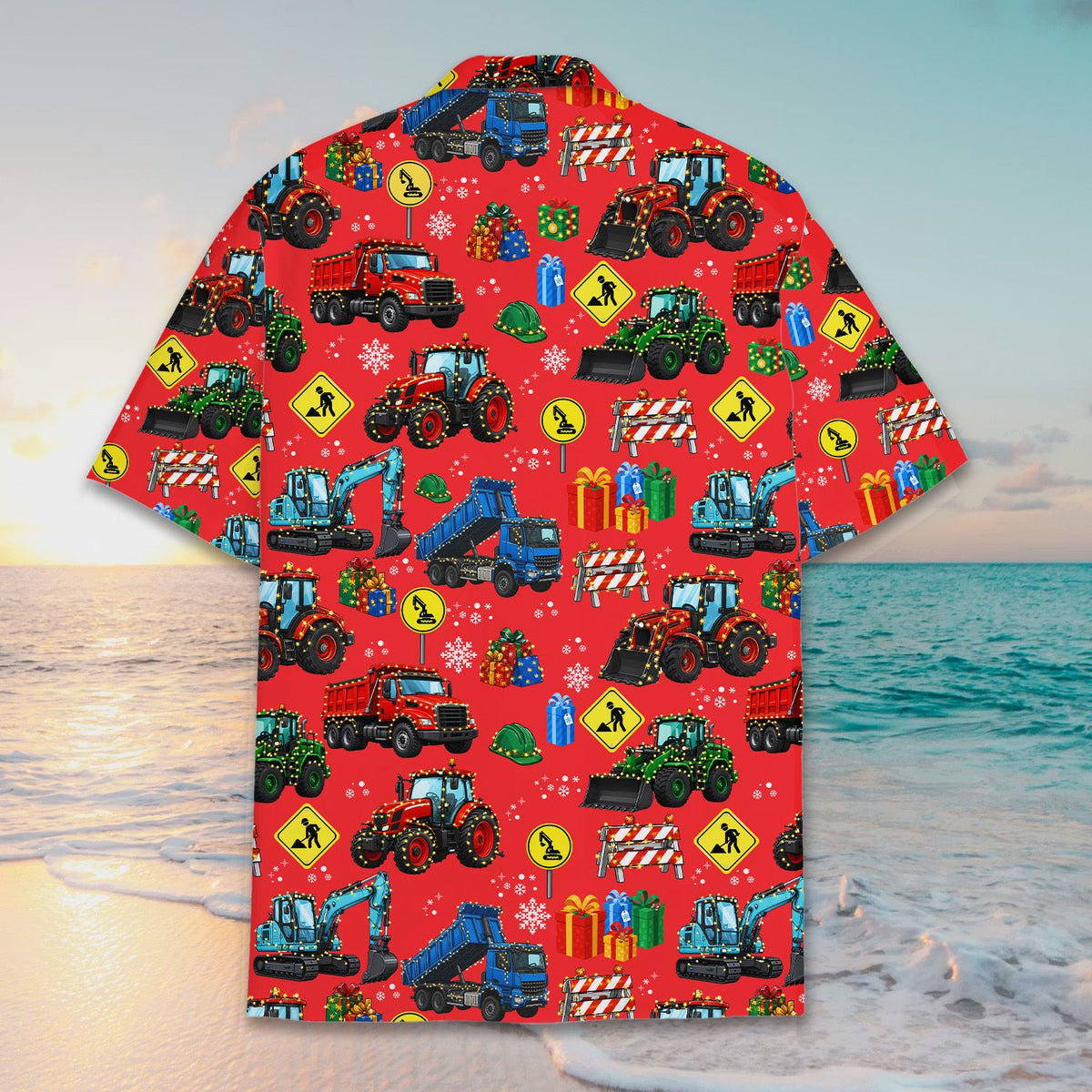 Red christmas construction vehicles hawaiian shirt back detail 3