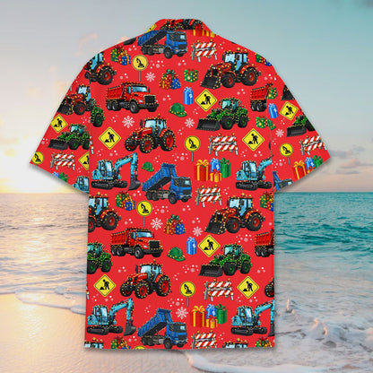 Red christmas construction vehicles hawaiian shirt back detail 3