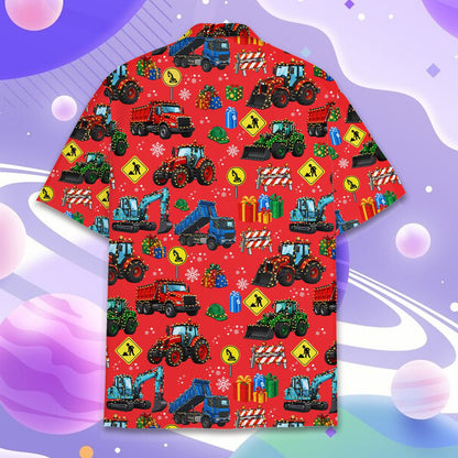Red christmas construction vehicles hawaiian shirt back detail 4