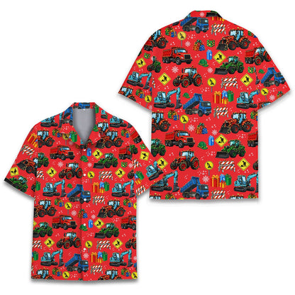 Christmas construction vehicles hawaiian shirt back view