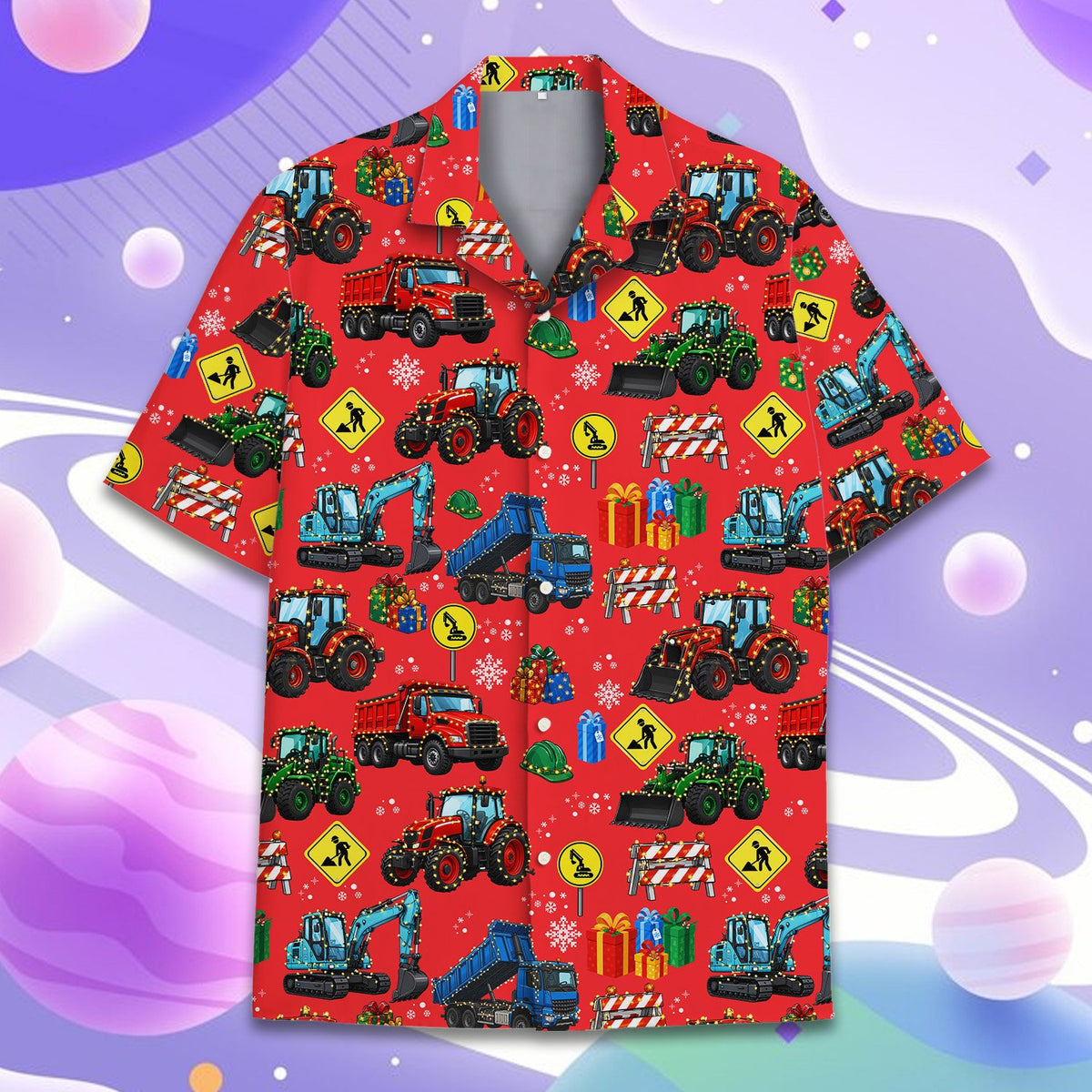 Red christmas construction vehicles hawaiian shirt front detail 2