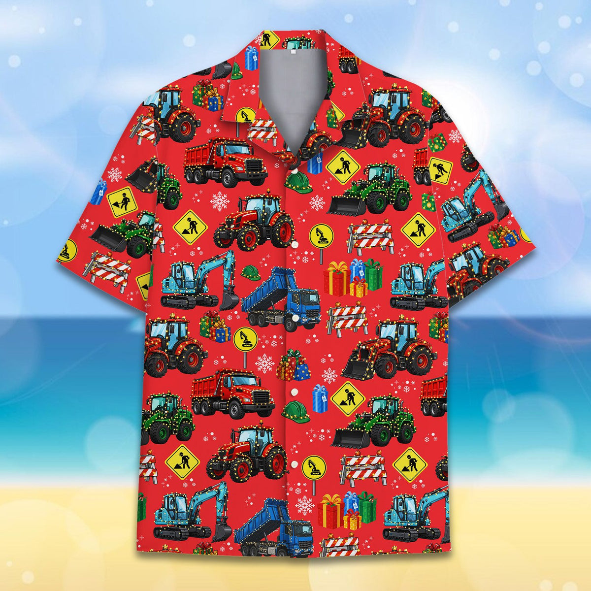 Red christmas construction vehicles hawaiian shirt front detail 3