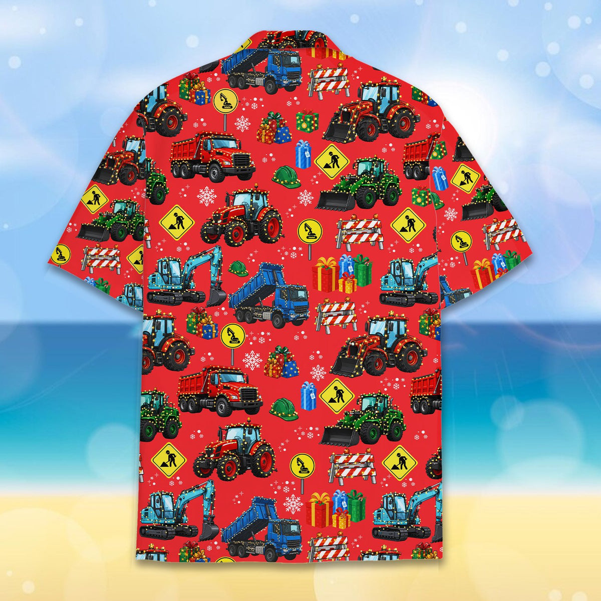 Red christmas construction vehicles hawaiian shirt front detail 4