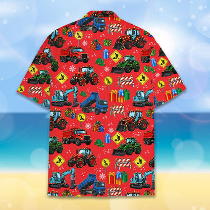 Red christmas construction vehicles hawaiian shirt front detail 4