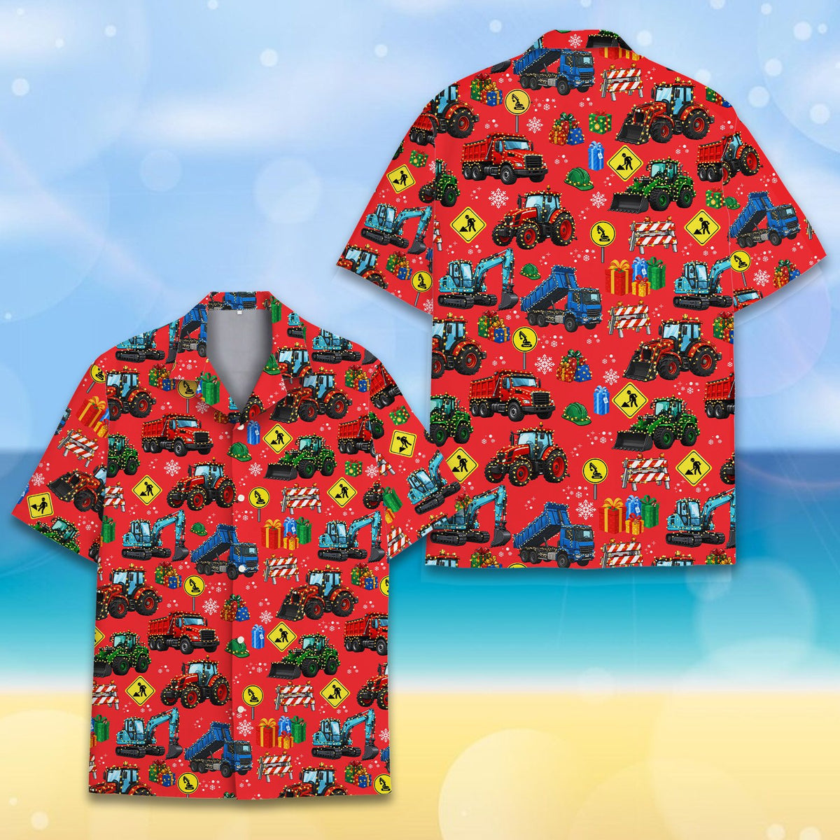 Red christmas construction vehicles hawaiian shirt front detail 5