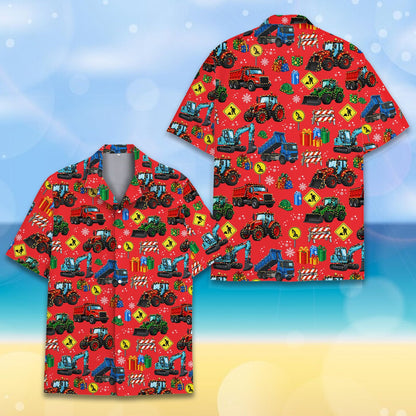 Red christmas construction vehicles hawaiian shirt front detail 5