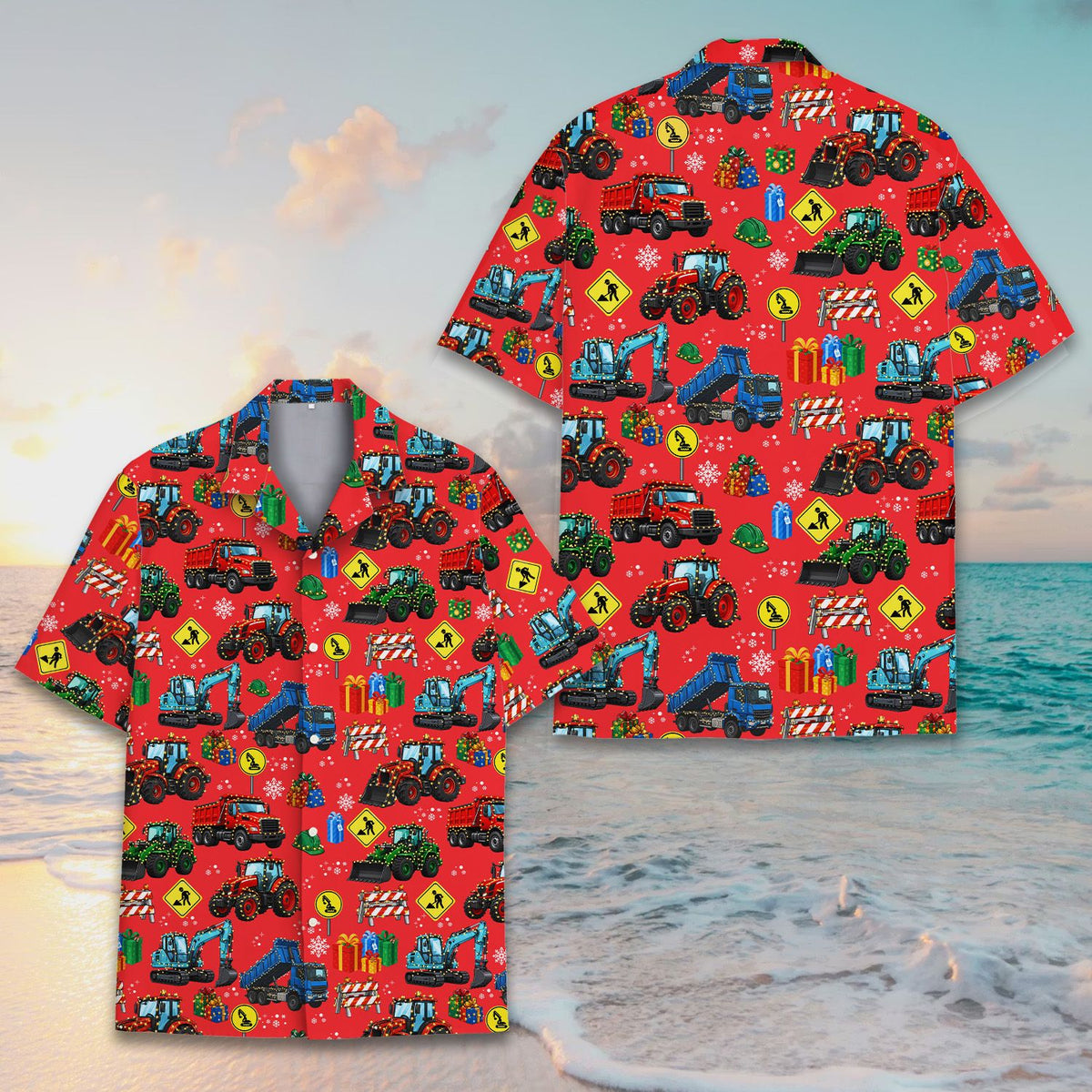 Matching family hawaiian shirts christmas construction front view