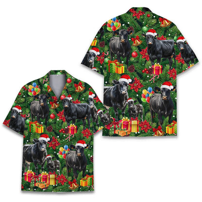 Christmas cows hawaiian shirt with green pine branches and ornaments, matching family design