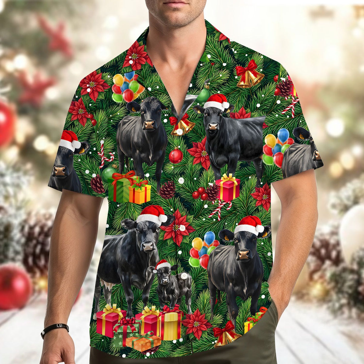 Lifestyle image of the family wearing matching Christmas cows hawaiian shirts