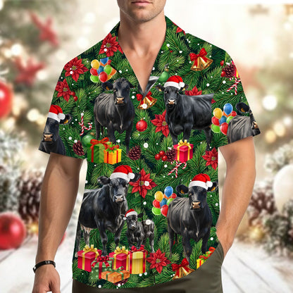 Lifestyle image of the family wearing matching Christmas cows hawaiian shirts