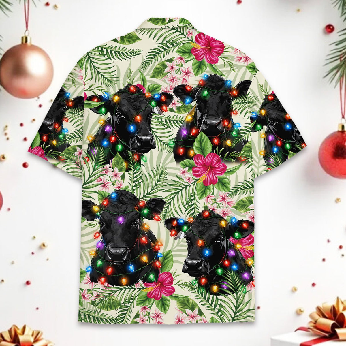 Detailed back view of holiday cow hawaiian shirt