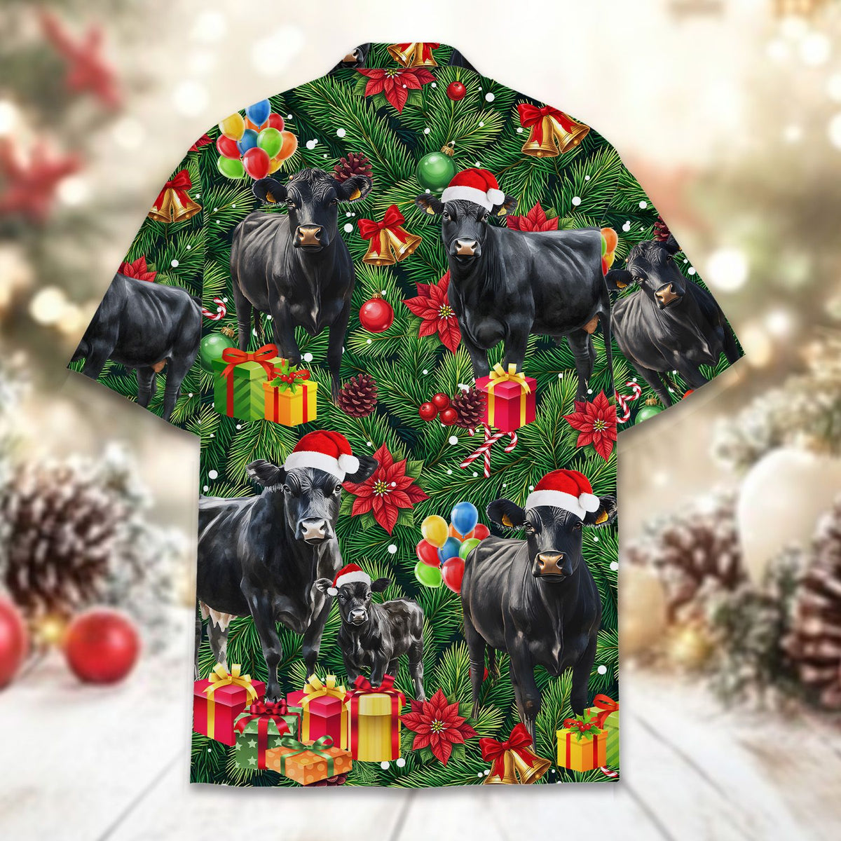 Back view of the festive Christmas cows hawaiian shirt