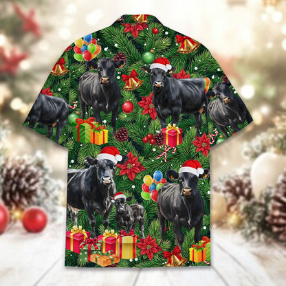 Back view of the festive Christmas cows hawaiian shirt