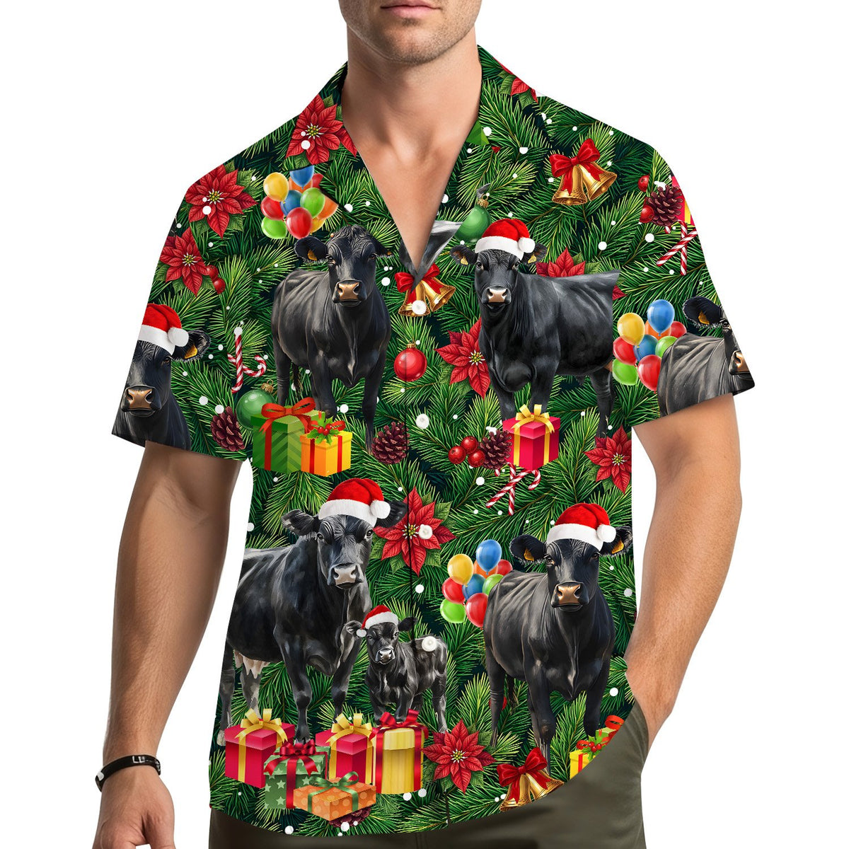 Front view of the holiday hawaiian shirt with multicolor festive elements
