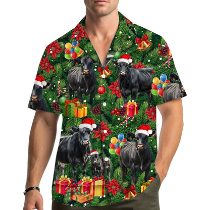 Front view of the holiday hawaiian shirt with multicolor festive elements