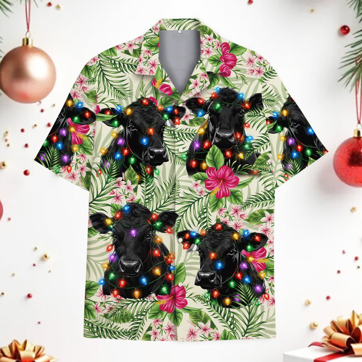 Matching family hawaiian shirts with christmas cows design