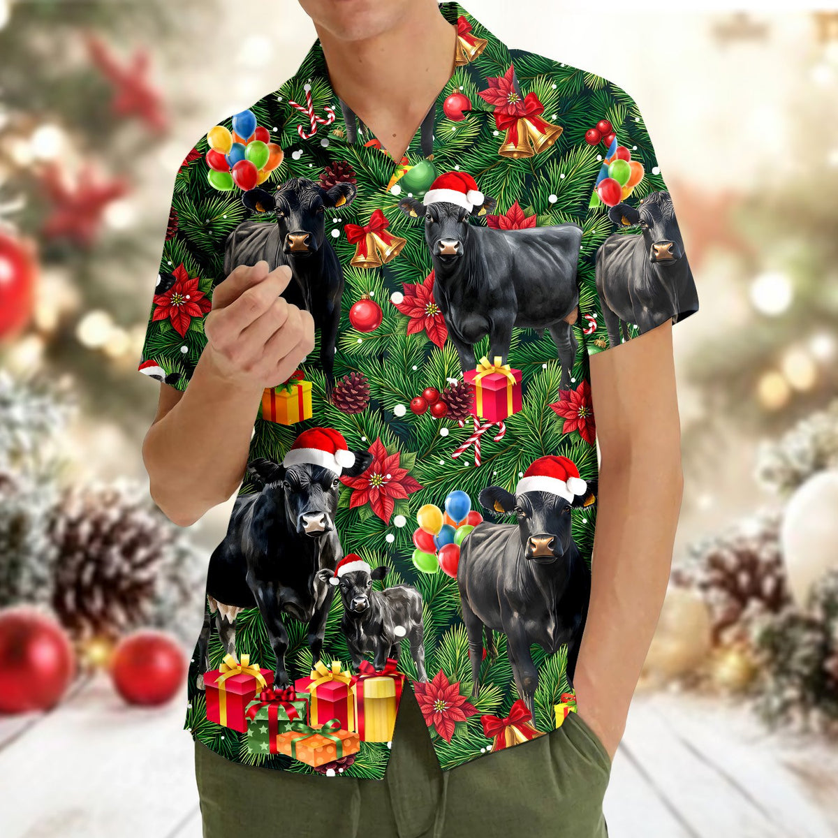 Another lifestyle view showcasing the family matching hawaiian shirts in a holiday setting