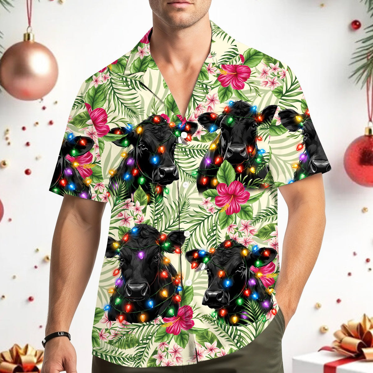 Lifestyle shot of festive christmas hawaiian shirt